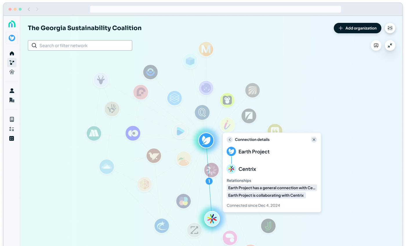 Product demo screenshot with nodes of companies interconnecting